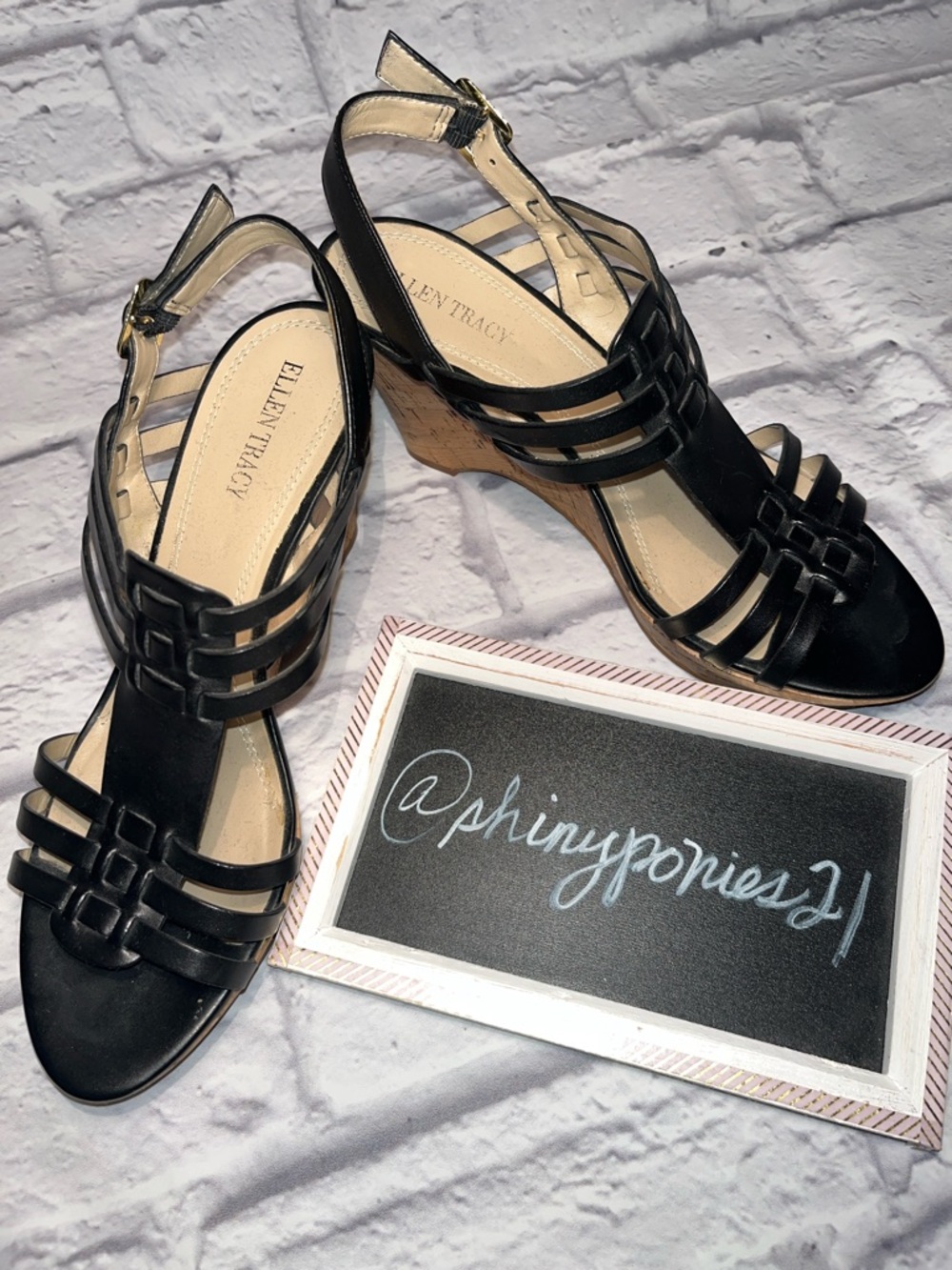 Ellen Tracy Black Strappy Wedge Sandals with Tan Cork Heel